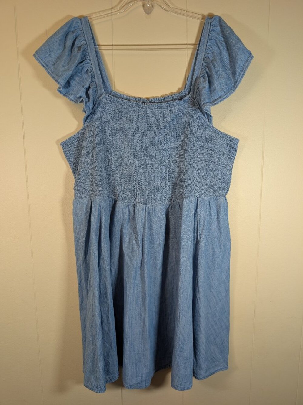 CHAMBRAY Smocked Babydoll Dress 2X Flutter Sleeve Cottagecore Blue Cotton